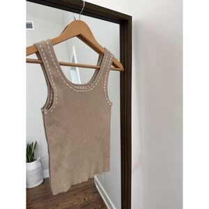 La February Tan Ribbed Knit Tank Top Whipstitch Detail Scoop Neck A1338SW Mens M